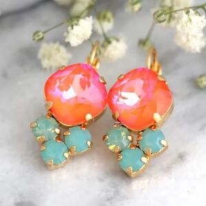 Pink & green crystal drop earrings; Nwot